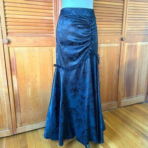 Gothic Victorian Flower Satin Gathered Side Mermaid Maxi Skirt S-M